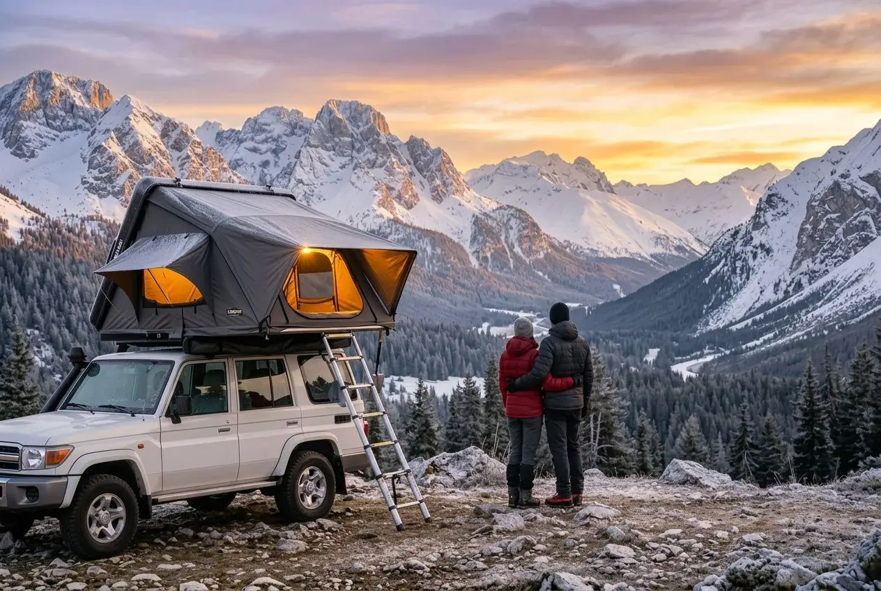 Tente de toit installée sur un véhicule en montagne, échelle déployée et deux randonneurs regardant le panorama au coucher du soleil. comment savoir si tente de toit compatible intégré naturellement.