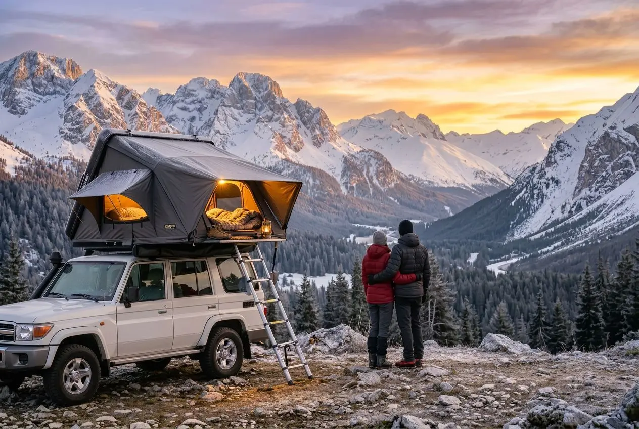 Tente de toit installée sur un véhicule en montagne, avec lit et échelle, couple admirant le panorama au coucher du soleil. Meilleure tente de toit pour voiture.