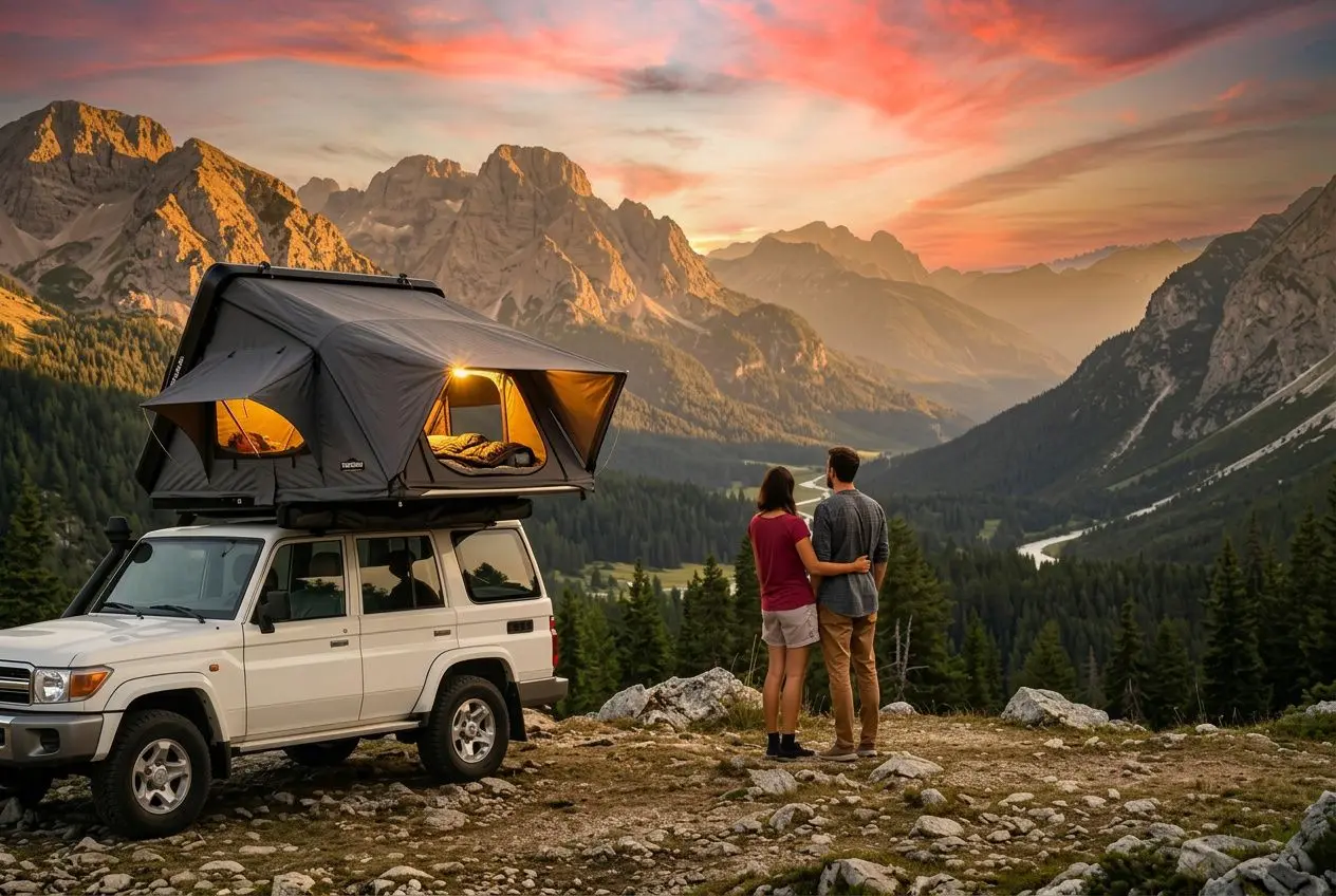 Tente de toit montée sur un SUV blanc en montagne au coucher du soleil, couple regardant le paysage, promesse de conseils sur la compatibilité. comment savoir si tente de toit compatible