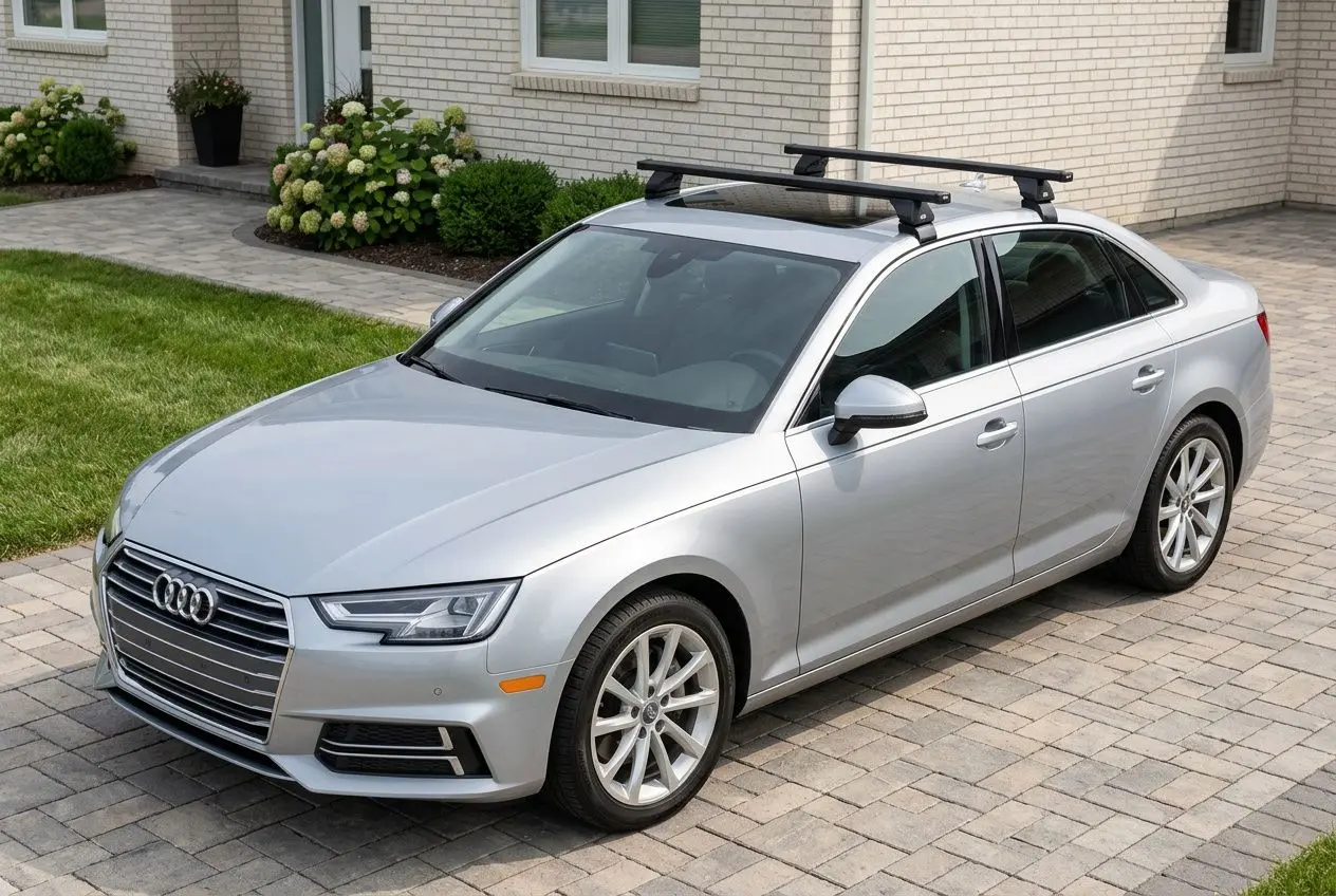 Voiture Audi grise avec barres de toit et galerie, prête à accueillir une tente de toit compatible.